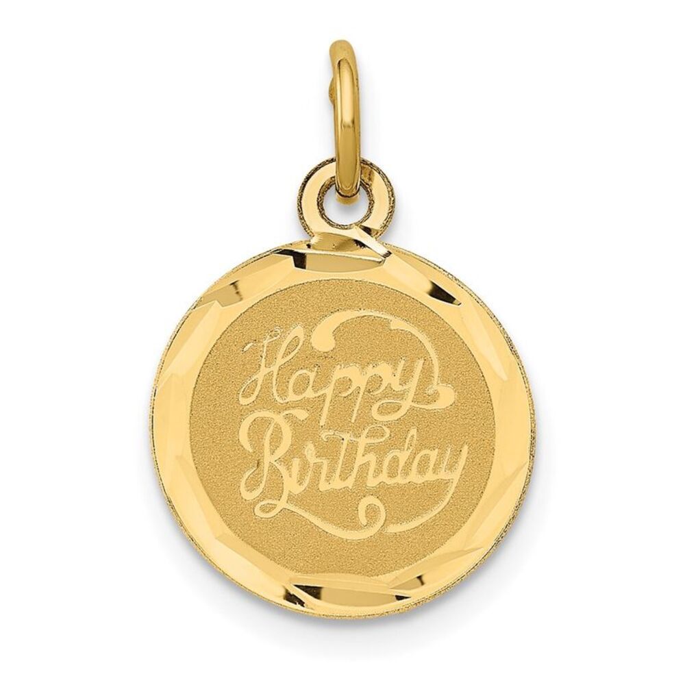 14k Yellow Gold Script Happy Birthday Disc Charm or Pendant, 13mm